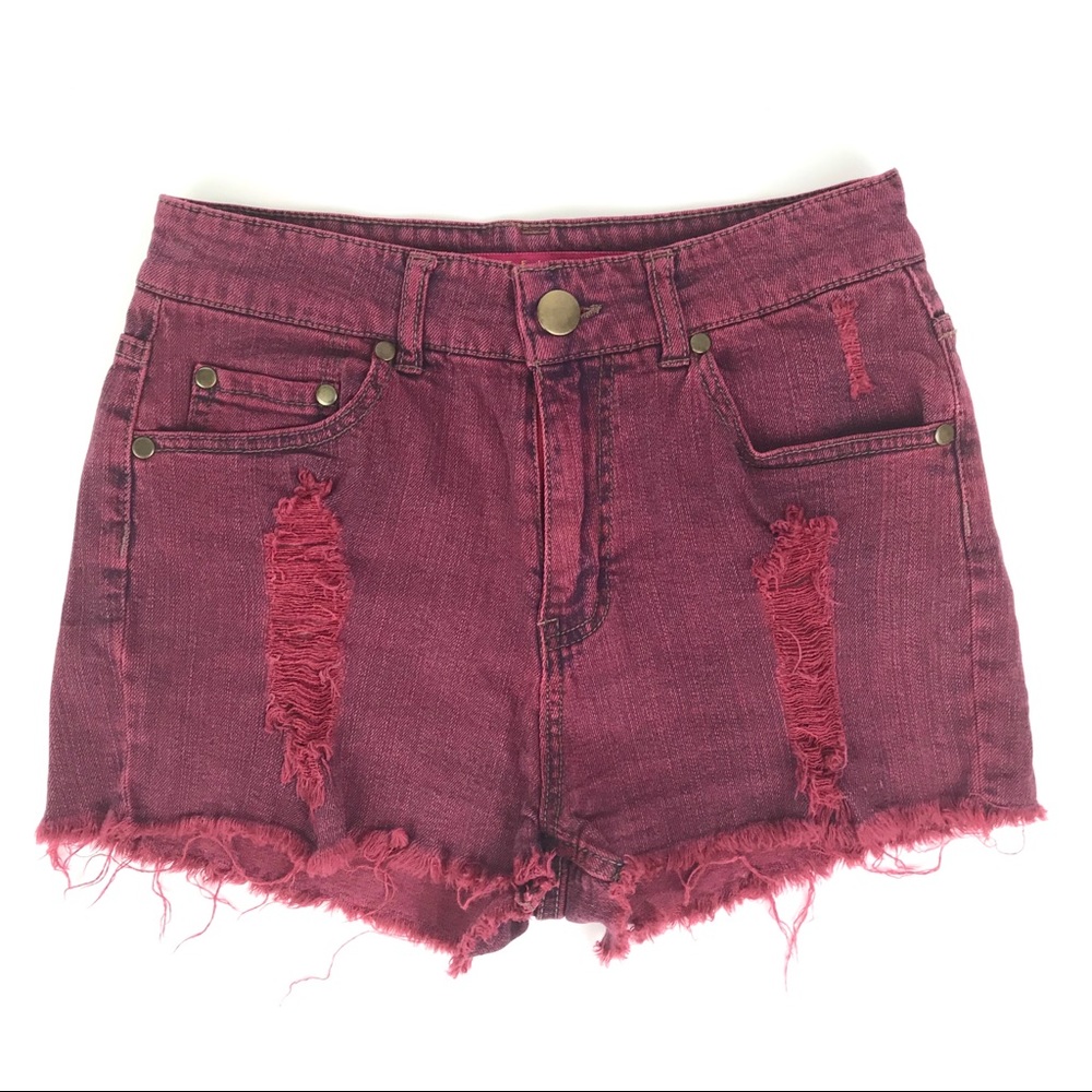 High Waist Cut off Distressed Shorts Red Stretchy